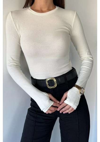 Kadın Bisiklet Yaka Uzun Kol Likralı Slim Fit Body Bluz P-00018604