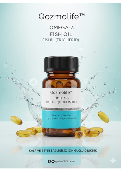 Qozmolife Omega-3 Premium Fish Oil 24 Softgel x 1000MG, Balık Yağı, Hidrolize Kolajen & C Vitamini fiyatları