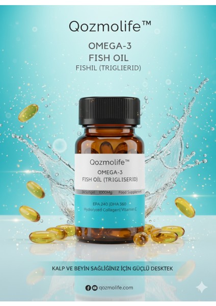 Qozmolife Omega-3 Premium Fish Oil 24 Softgel x 1000MG, Balık Yağı, Hidrolize Kolajen & C Vitamini fırsatları