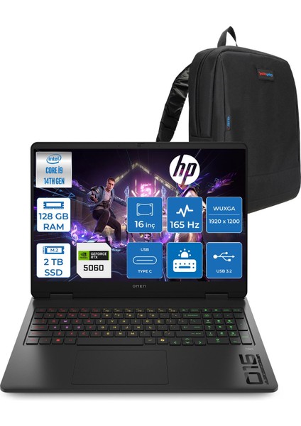 Omen 16-AM0007NT Intel Core I9 14900HX 128GB Ddr5 2tb SSD RTX5060 8gb Gddr7 Freedos 16 Inç IPS Wuxga (1920X1200) 165Hz 3ms 400NITS 100% Srgb Taşınabilir Bilgisayar WBQ3Q8EAF51 + Zetta Çanta