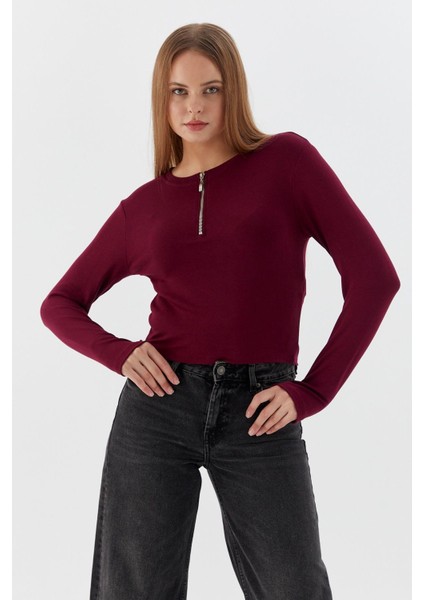 Yakası Fermuarlı Penye Body Bordo