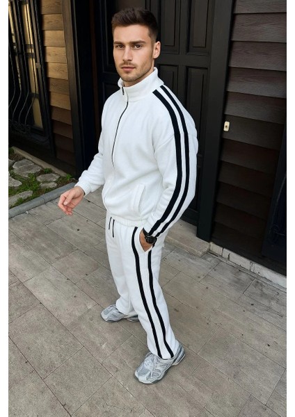 Erkek Çift Şeritli Eşofman Takım Dik Yaka Fermuarlı Sweatshirt Boru Paça Alt, Oversize 3 Iplik Pamuklu - Beyaz fiyatları