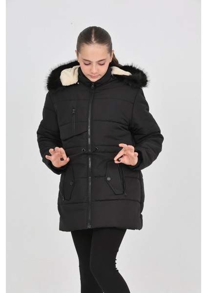 Kışlık Siyah Şişme Kız Çocuk Mont Kapşonlu Fermuarlı Cepli modelleri