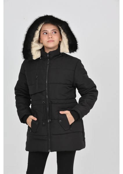 Kışlık Siyah Şişme Kız Çocuk Mont Kapşonlu Fermuarlı Cepli