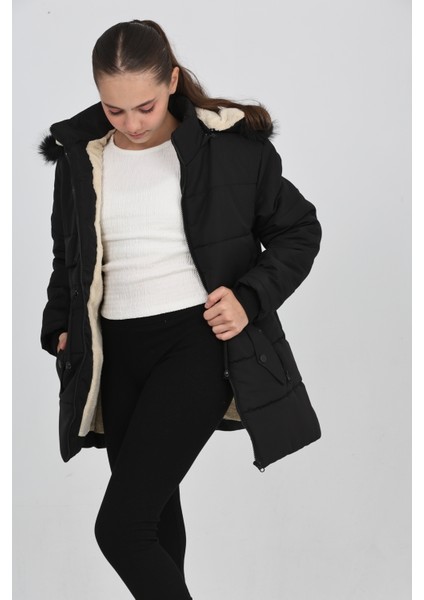 Kışlık Siyah Şişme Kız Çocuk Mont Kapşonlu Fermuarlı Cepli