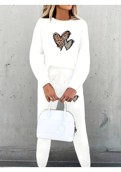 Mdb Kadın Uzun Kollu Bisiklet Yaka Kalp Desenli Şardonlu Üç Iplik Bluz ve Pantolon Ikili Takım fiyatları