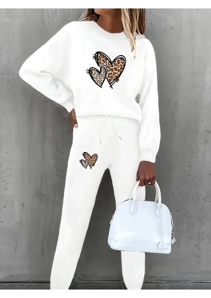 Mdb Kadın Uzun Kollu Bisiklet Yaka Kalp Desenli Şardonlu Üç Iplik Bluz ve Pantolon Ikili Takım modelleri