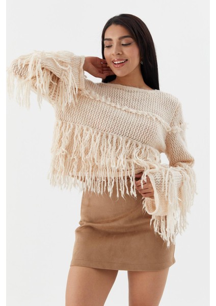 Püsküllü Crop Kazak Bej