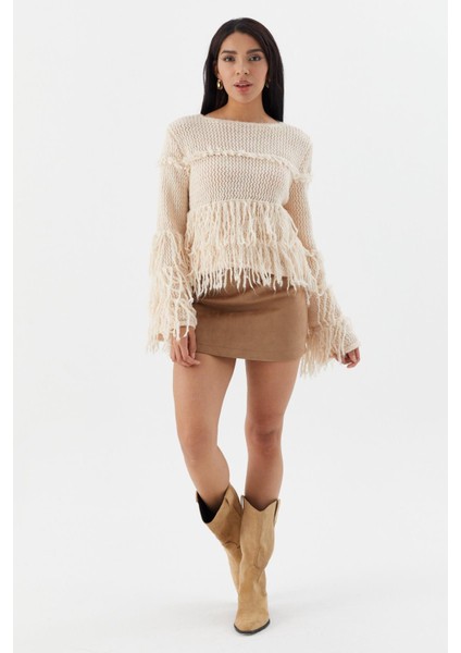 Püsküllü Crop Kazak Bej fiyatları