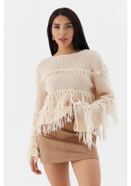 Püsküllü Crop Kazak Bej modelleri