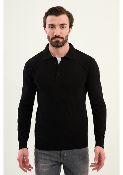 Örgü Desenli Slim Fit Polo Yaka Yün Erkek Triko Kazak