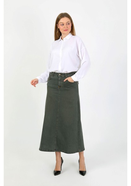 Doğal Kumaşlı Yıldız Rivetlı Kot Etek Yeşil modelleri