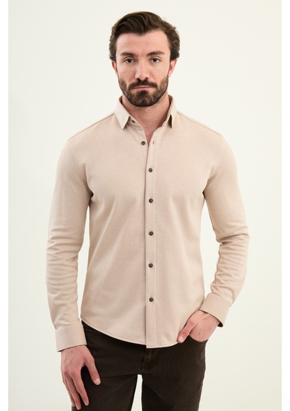 Çizgili Slim Fit Yün Uzun Kollu Erkek Gömlek