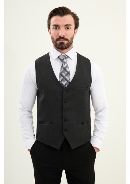 Düz Slim Fit Klasik Cep Detaylı Erkek Yelek