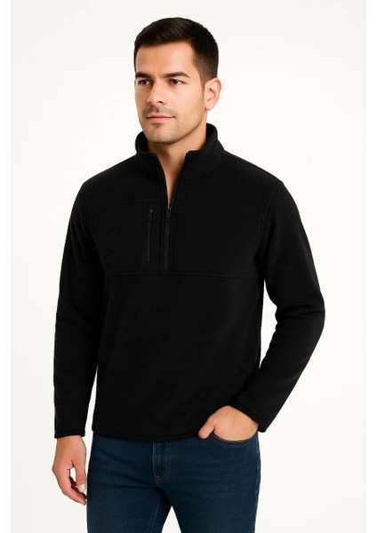 Erkek Polar Kazak – Dik Yaka, Yarım Fermuarlı, Fermuarlı Göğüs Cepli, Siyah Biyeli, Kışlık Rahat Regular Fit Günlük Model - Siyah fırsatları