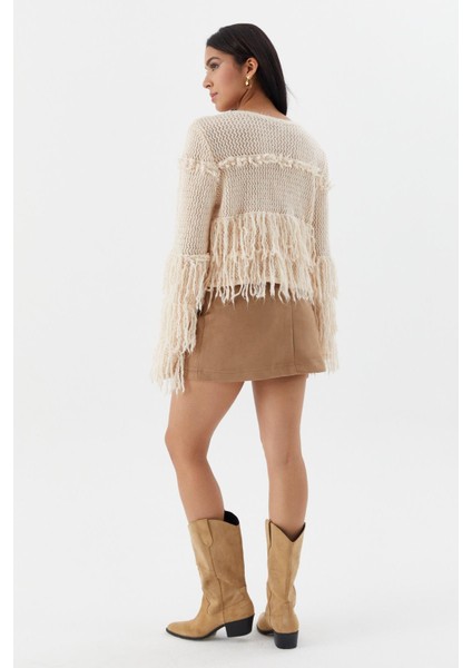 Püsküllü Crop Kazak Bej indirimleri