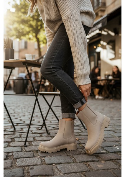 Zarif Bej Lastikli Kauçuk Taban Kadın Bot