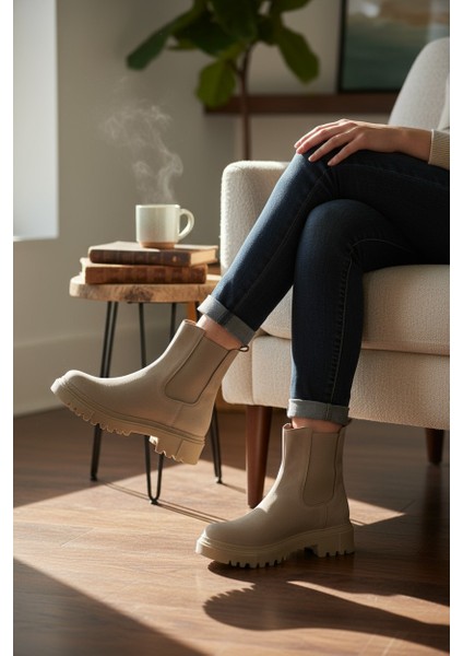 Zarif Bej Lastikli Kauçuk Taban Kadın Bot modelleri