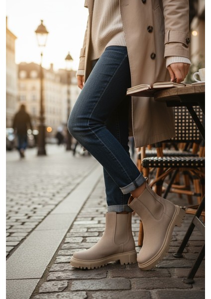 Zarif Bej Lastikli Kauçuk Taban Kadın Bot fırsatları