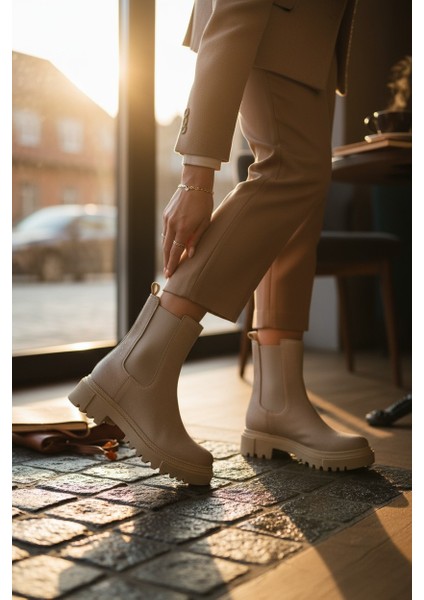 Zarif Bej Lastikli Kauçuk Taban Kadın Bot indirimleri