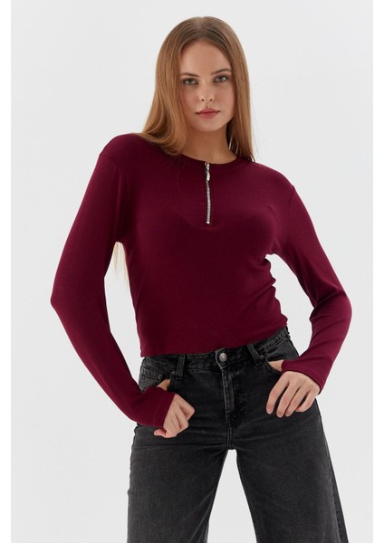 Yakası Fermuarlı Penye Body Bordo modelleri