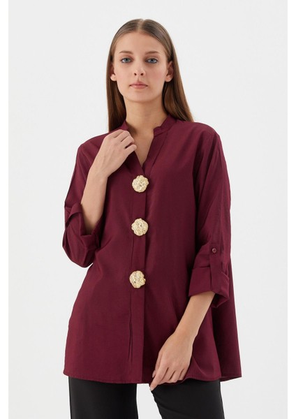 Tasarım Düğmeli Tunik Gömlek Bordo modelleri