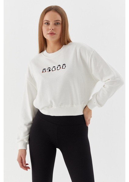 Penguen Işlemeli Sweatshirt Ekru