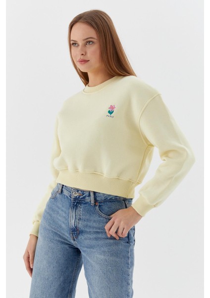Çiçek Işleme Detaylı Crop Sweatshirt Sarı modelleri