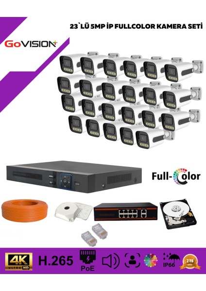 Go Vision 23'lü Güvenlik Ip Kamera Seti - 5mp Dış Mekan Kamera, 3.6mm Lens, H.265, Poe, Warm LED Gece Görüşlü
