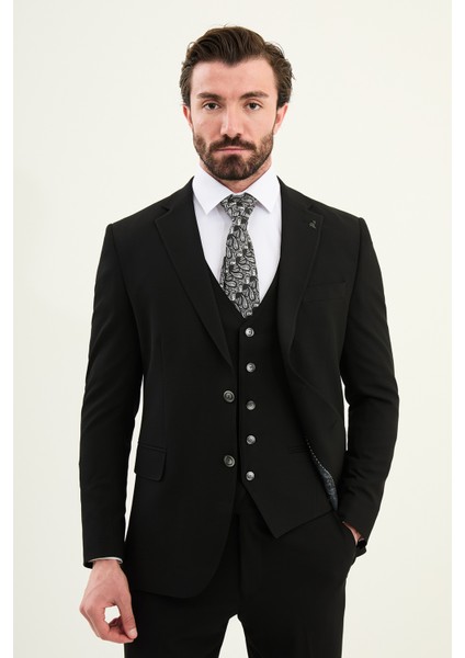 Dokulu Slim Fit Mono Yaka Erkek Takım Elbise