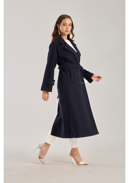 Lacivert Regular Kemerli Kaşe Kaban