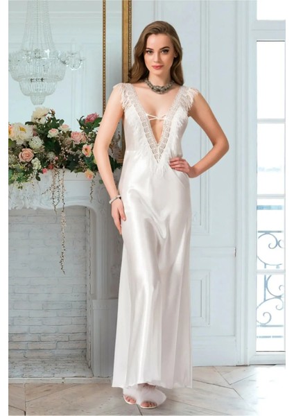 Özel Üretim Püsküllü Dantel Detaylı Uzun Şık Rahat Erotik Fantezi Saten Kadın Gecelik