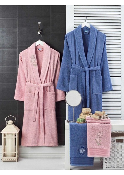 4 Parça Aile Bornoz Seti Kadın Erkek Havlulu Bornoz Takımı 100 Lacivert Pembe modelleri