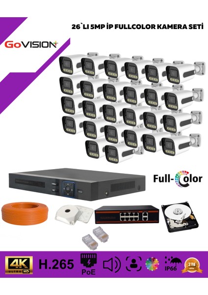 Go Vision 26'li Güvenlik Ip Kamera Seti - 5mp Dış Mekan Kamera, 3.6mm Lens, H.265, Poe, Warm LED Gece Görüşlü