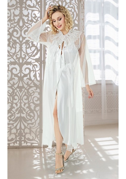 Özel Üretim Tüllü Transparan Dantel Detaylı Kadın Seksi Şık Günlük 2'li Takım - Gecelik ve Sabahlık