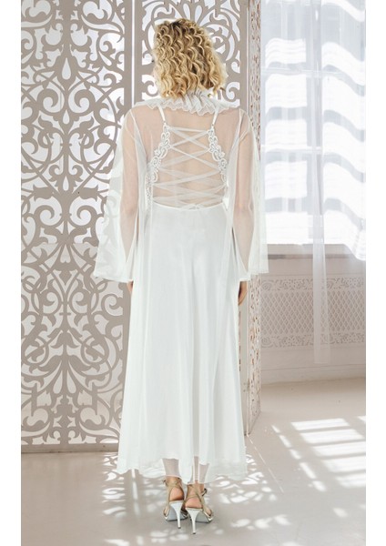 Özel Üretim Tüllü Transparan Dantel Detaylı Kadın Seksi Şık Günlük 2'li Takım - Gecelik ve Sabahlık fırsatları