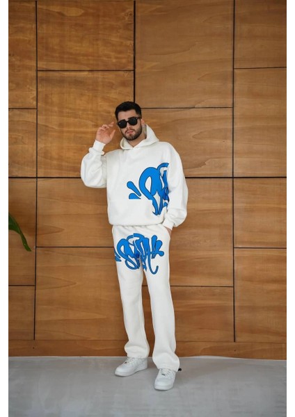 Erkek Kapüşonlu Eşofman Takım Graffiti Baskılı Oversize Rahat Kalıp, Kanguru Cepli, Streetwear Tarzında Premium Ürün 3 Iplik Pamuklu - Beyaz -Vlmr fiyatları