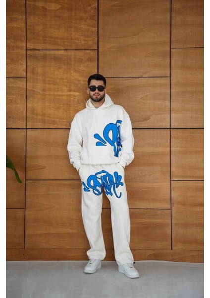 Erkek Kapüşonlu Eşofman Takım Graffiti Baskılı Oversize Rahat Kalıp, Kanguru Cepli, Streetwear Tarzında Premium Ürün 3 Iplik Pamuklu - Beyaz -Vlmr indirimleri