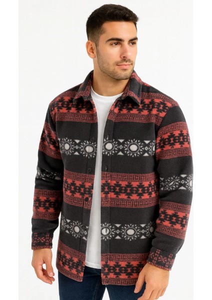 Erkek Desenli Polar Gömlek - Etnik Şerit Desen Yakalı, Uzun Kollu, Düğmeli, Oversize Rahat Kalıp - Füme -Vlmr