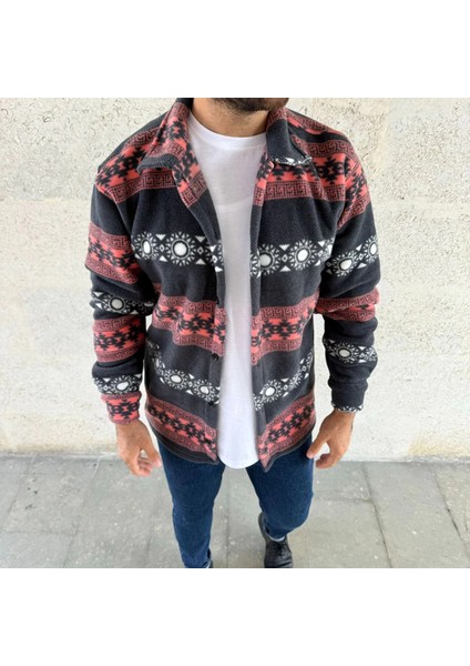 Erkek Desenli Polar Gömlek - Etnik Şerit Desen Yakalı, Uzun Kollu, Düğmeli, Oversize Rahat Kalıp - Füme -Vlmr fırsatları