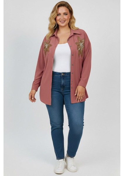 Kadın Büyük Beden Pul Payet Işlemeli Uzun Kollu Gömlek 1985-26
