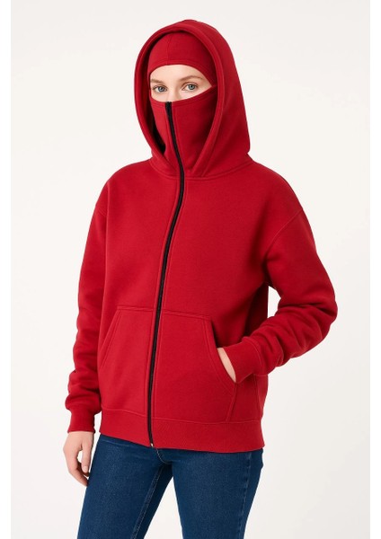 Samuray Ninja Çift Kapüşonlu Kadın Hoodie Oversize Kanguru Cepli, Bahar & Kışlık Fermuarlı Sweatshirt- Kırmızı