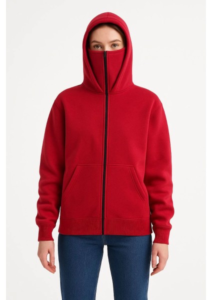 Samuray Ninja Çift Kapüşonlu Kadın Hoodie Oversize Kanguru Cepli, Bahar & Kışlık Fermuarlı Sweatshirt- Kırmızı modelleri
