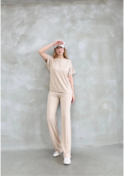 Osy Modal Yumuşak Dokulu Kumaş Bisiklet Yaka Kısa Kollu Takım - Bej -Vlmr fırsatları