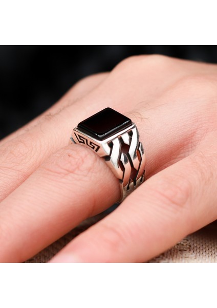 Zincir Tasarım Oniks Taşlı 925 Ayar Gümüş Erkek Yüzük