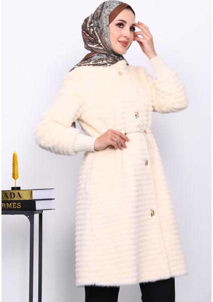 Krem Bel Lastikli Angora Kürk Kaban