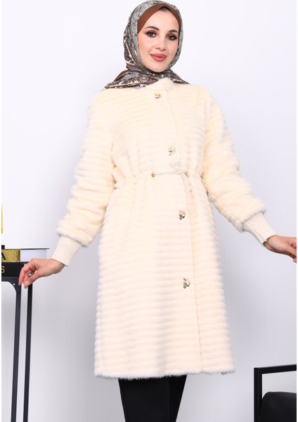 Krem Bel Lastikli Angora Kürk Kaban modelleri