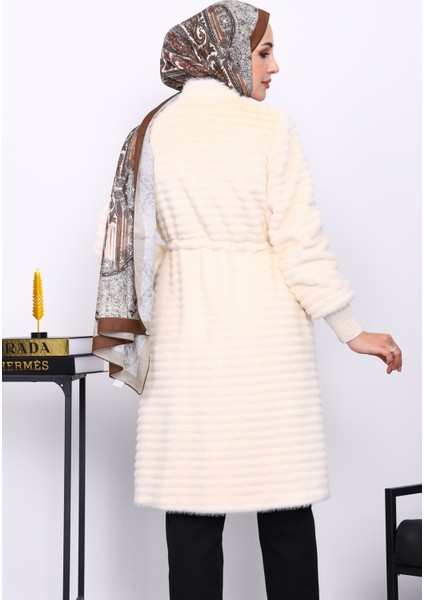 Krem Bel Lastikli Angora Kürk Kaban fırsatları