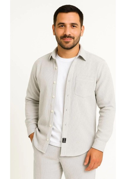 Erkek Fitilli Kadife Cepli Gömlek Oversize Rahat Kalıp - Gri