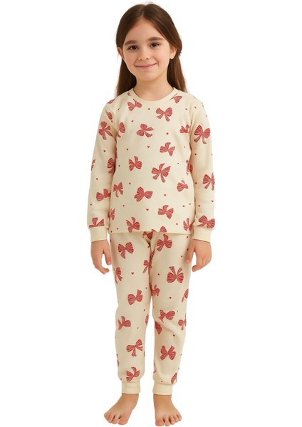 Ekru Renk Kırmızı Fiyonk Baskılı Kız Çocuk Pijama Takımı